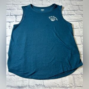 Old Navy Teal Blue Sleeveless Top w/ White “Just Beachy” Embroidery. Size Large.